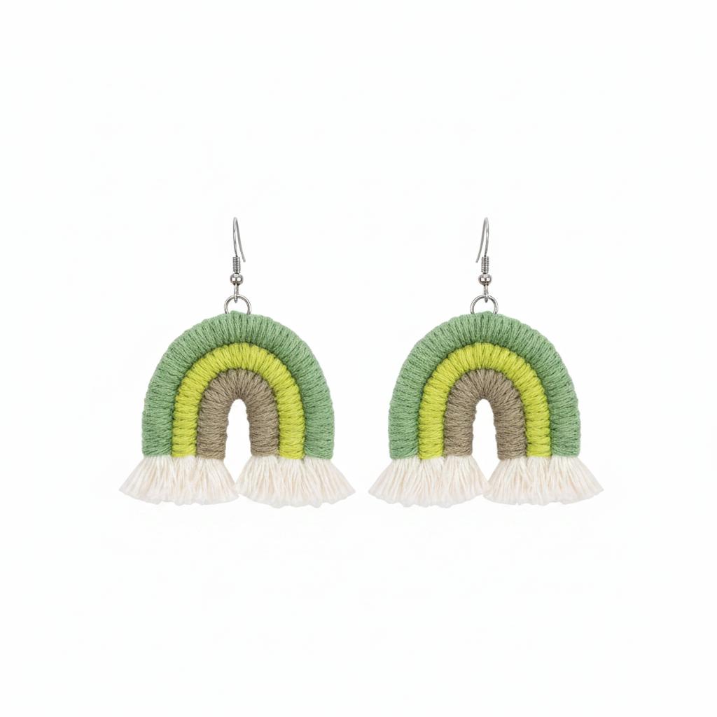 Green Multi-Colored Yarn and Silvertone Rainbow Tassel Hook Earrings, silver drop earrings for women, side view