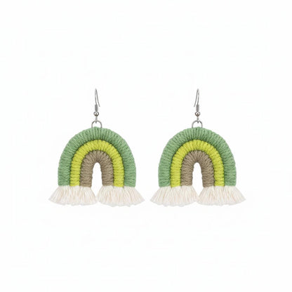Green Multi-Colored Yarn and Silvertone Rainbow Tassel Hook Earrings, silver drop earrings for women, side view