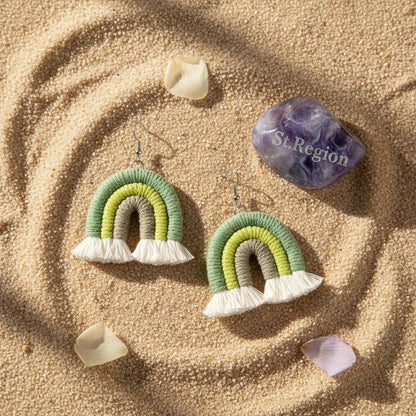 Green Multi-Colored Yarn and Silvertone Rainbow Tassel Hook Earrings, silver drop earrings for women, detail close-up