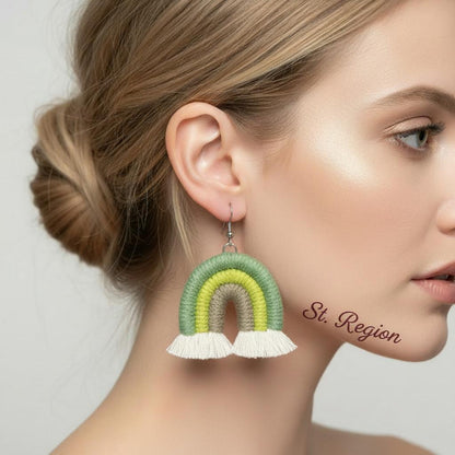 Green Multi-Colored Yarn and Silvertone Rainbow Tassel Hook Earrings, silver drop earrings for women, styled look