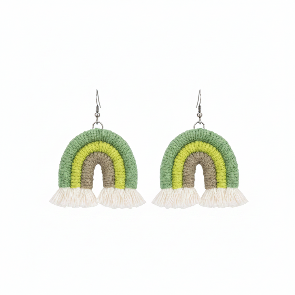 Green Multi-Colored Yarn & Silvertone Rainbow Tassel Hook Earrings - Street Region