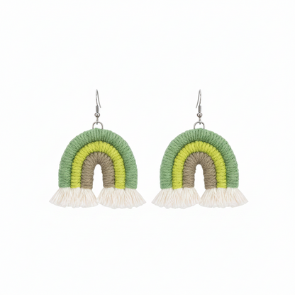 Green Multi-Colored Yarn & Silvertone Rainbow Tassel Hook Earrings - Street Region
