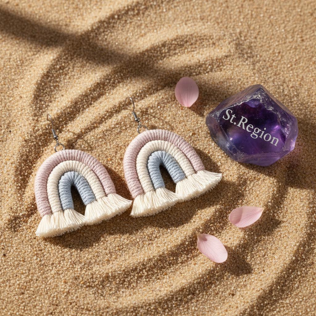 Light Purple Multi-Colored Yarn and Silvertone Rainbow Tassel Hook Earrings, silver drop earrings for women, detail close-up