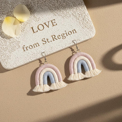 Light Purple Multi-Colored Yarn and Silvertone Rainbow Tassel Hook Earrings, silver drop earrings for women, lifestyle look