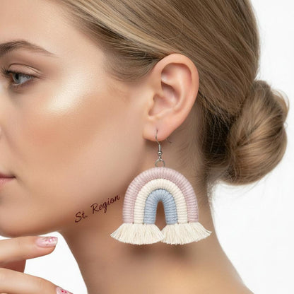 Light Purple Multi-Colored Yarn and Silvertone Rainbow Tassel Hook Earrings, silver drop earrings for women, styled look