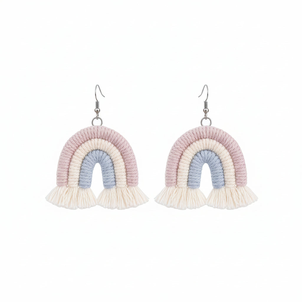 Light Purple Multi-Colored Yarn & Silvertone Rainbow Tassel Hook Earrings - Street Region