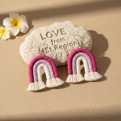 Rose and Pink Yarn Silvertone Rainbow Tassel Hook Earrings, silver drop earrings for women, lifestyle look