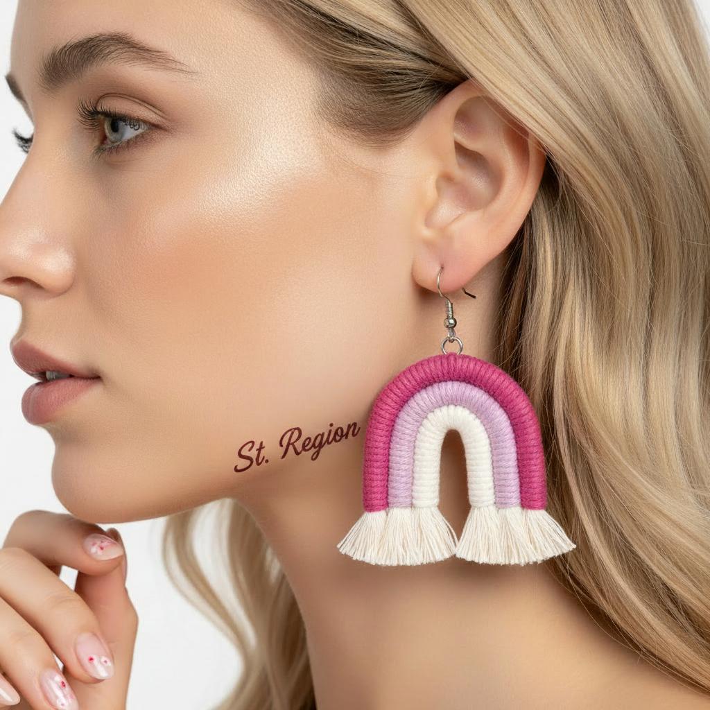Rose and Pink Yarn Silvertone Rainbow Tassel Hook Earrings, silver drop earrings for women, styled look