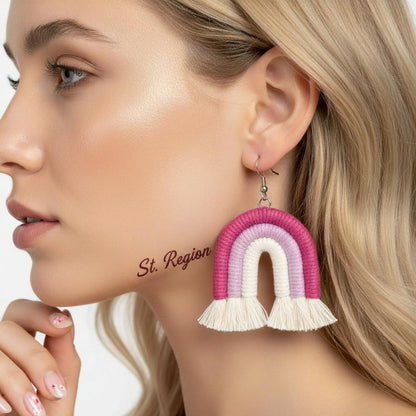 Rose and Pink Yarn Silvertone Rainbow Tassel Hook Earrings, silver drop earrings for women, styled look