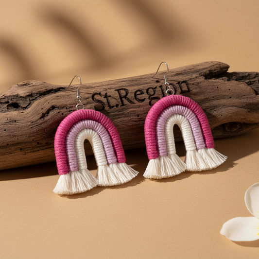 Rose & Pink Yarn Silvertone Rainbow Tassel Hook Earrings - Street Region