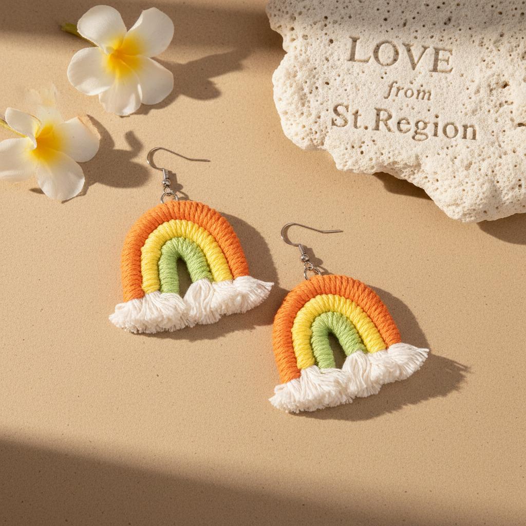Orange Multi-Colored Yarn and Silvertone Rainbow Tassel Hook Earrings, silver drop earrings for women, lifestyle look