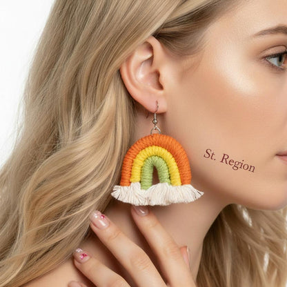 Orange Multi-Colored Yarn and Silvertone Rainbow Tassel Hook Earrings, silver drop earrings for women, styled look