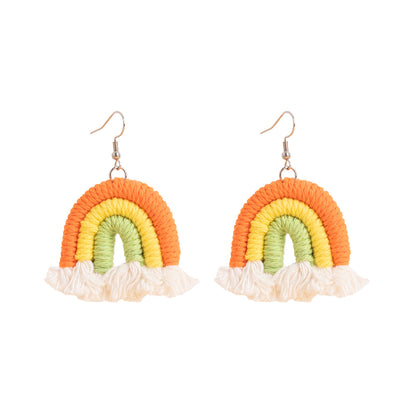 Orange Multi-Colored Yarn & Silvertone Rainbow Tassel Hook Earrings - Street Region