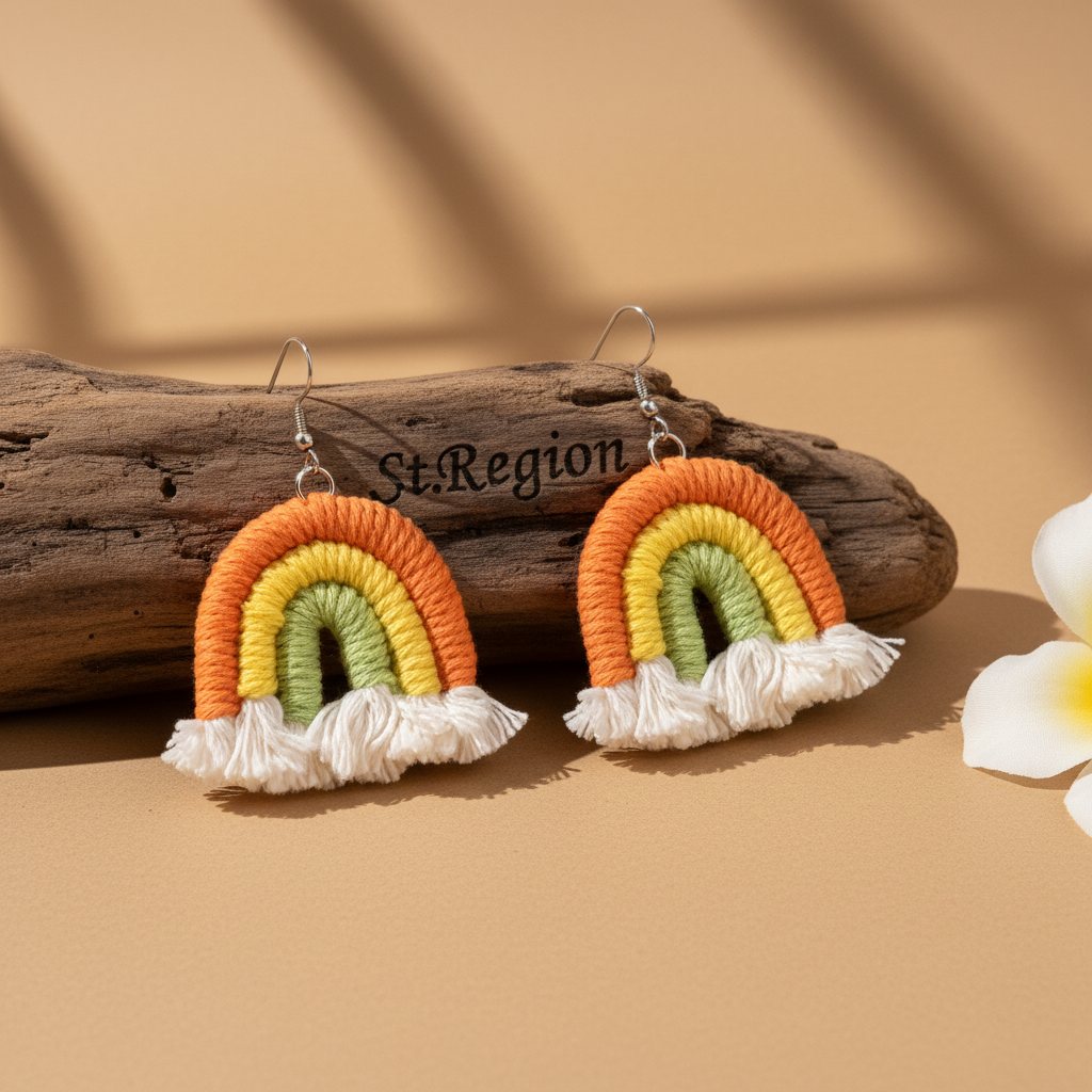 Orange Multi-Colored Yarn & Silvertone Rainbow Tassel Hook Earrings - Street Region