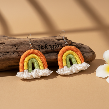 Orange Multi-Colored Yarn & Silvertone Rainbow Tassel Hook Earrings - Street Region