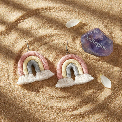 Pink Multi-Colored Yarn and Silvertone Rainbow Tassel Hook Earrings, silver drop earrings for women, detail close-up