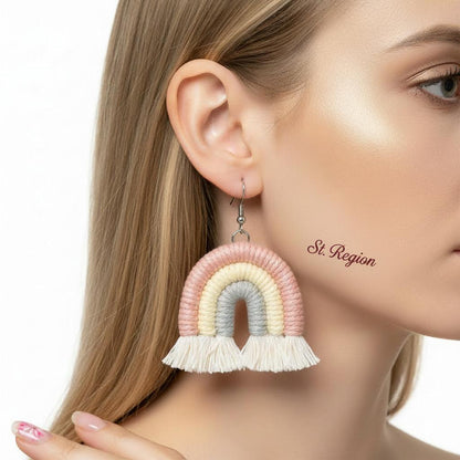 Pink Multi-Colored Yarn and Silvertone Rainbow Tassel Hook Earrings, silver drop earrings for women, styled look