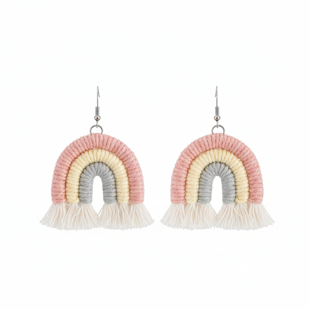 Pink Multi-Colored Yarn & Silvertone Rainbow Tassel Hook Earrings - Street Region
