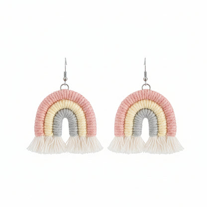 Pink Multi-Colored Yarn & Silvertone Rainbow Tassel Hook Earrings - Street Region