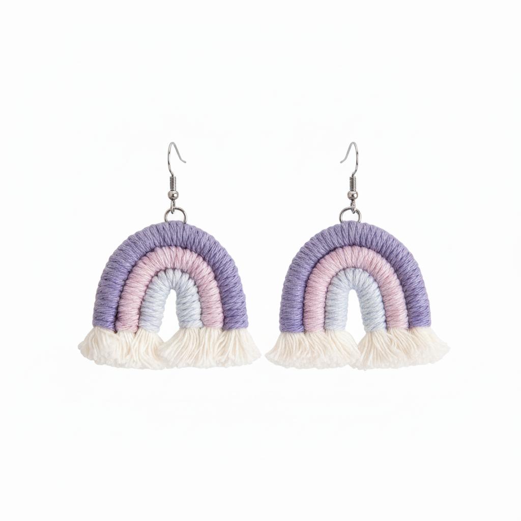 Purple Multi-Colored Yarn and Silvertone Rainbow Tassel Hook Earrings, silver drop earrings for women, side view