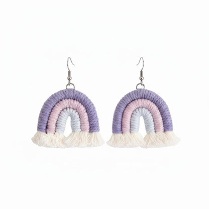 Purple Multi-Colored Yarn and Silvertone Rainbow Tassel Hook Earrings, silver drop earrings for women, side view