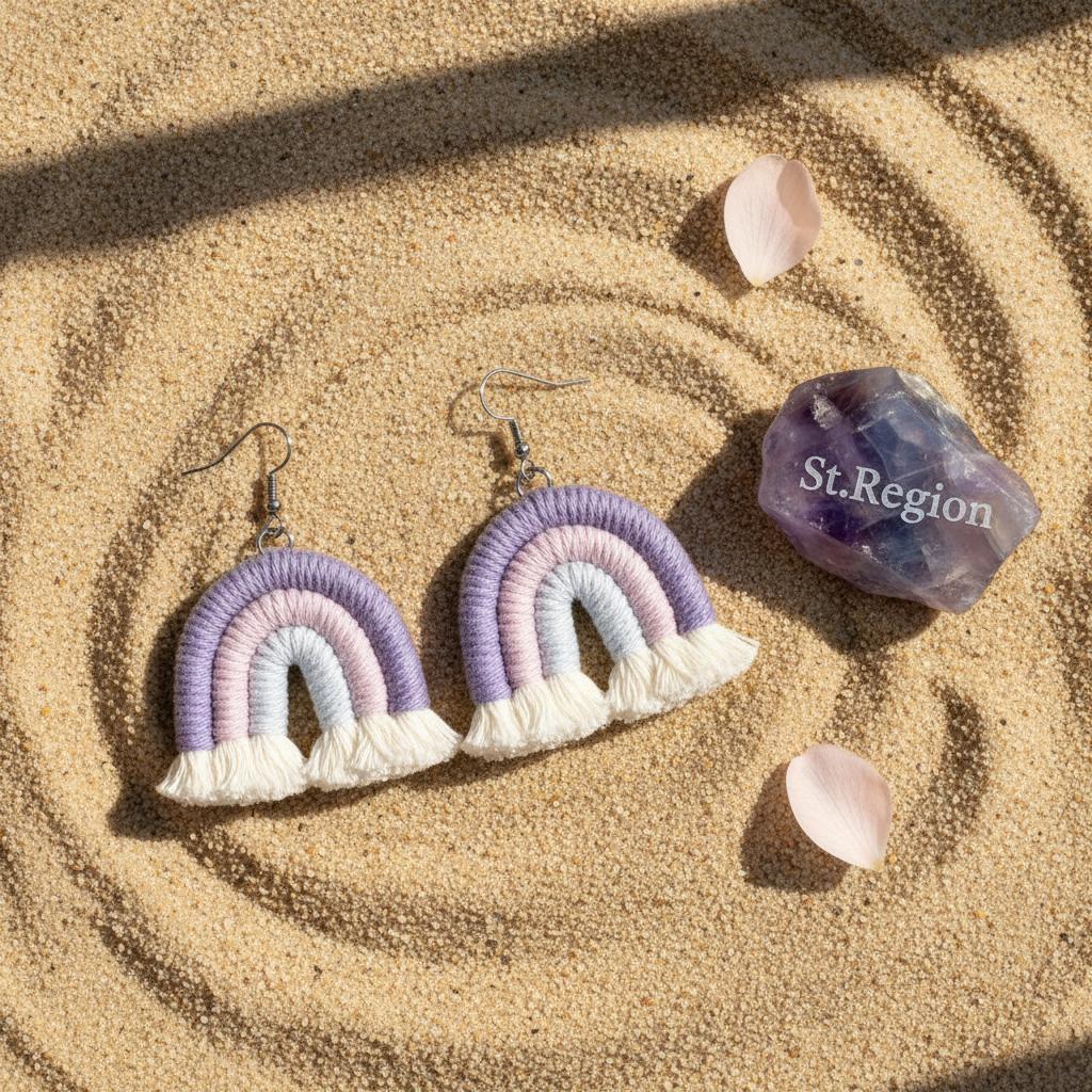 Purple Multi-Colored Yarn and Silvertone Rainbow Tassel Hook Earrings, silver drop earrings for women, detail close-up