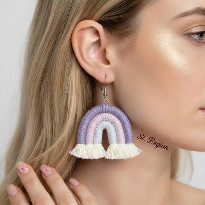 Purple Multi-Colored Yarn and Silvertone Rainbow Tassel Hook Earrings, silver drop earrings for women, styled look