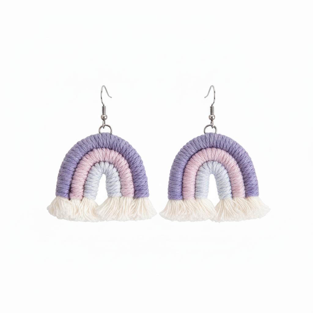 Purple Multi-Colored Yarn & Silvertone Rainbow Tassel Hook Earrings - Street Region