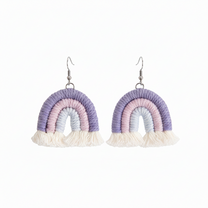 Purple Multi-Colored Yarn & Silvertone Rainbow Tassel Hook Earrings - Street Region