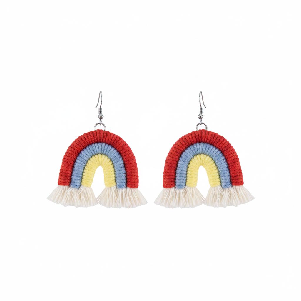 Red Multi-Colored Yarn and Silvertone Rainbow Tassel Hook Earrings, silver drop earrings for women, side view