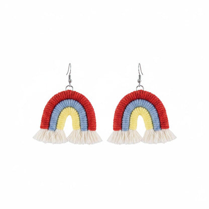 Red Multi-Colored Yarn and Silvertone Rainbow Tassel Hook Earrings, silver drop earrings for women, side view