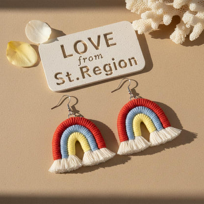 Red Multi-Colored Yarn and Silvertone Rainbow Tassel Hook Earrings, silver drop earrings for women, lifestyle look