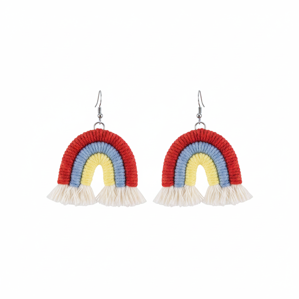 Red Multi-Colored Yarn & Silvertone Rainbow Tassel Hook Earrings - Street Region