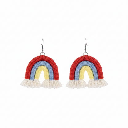 Red Multi-Colored Yarn & Silvertone Rainbow Tassel Hook Earrings - Street Region