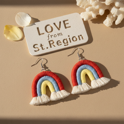 Red Multi-Colored Yarn & Silvertone Rainbow Tassel Hook Earrings - Street Region