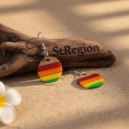 Multi-Colored Resin and Wood Silvertone Stripped Round Hook Earrings, gold drop earrings for women, front view