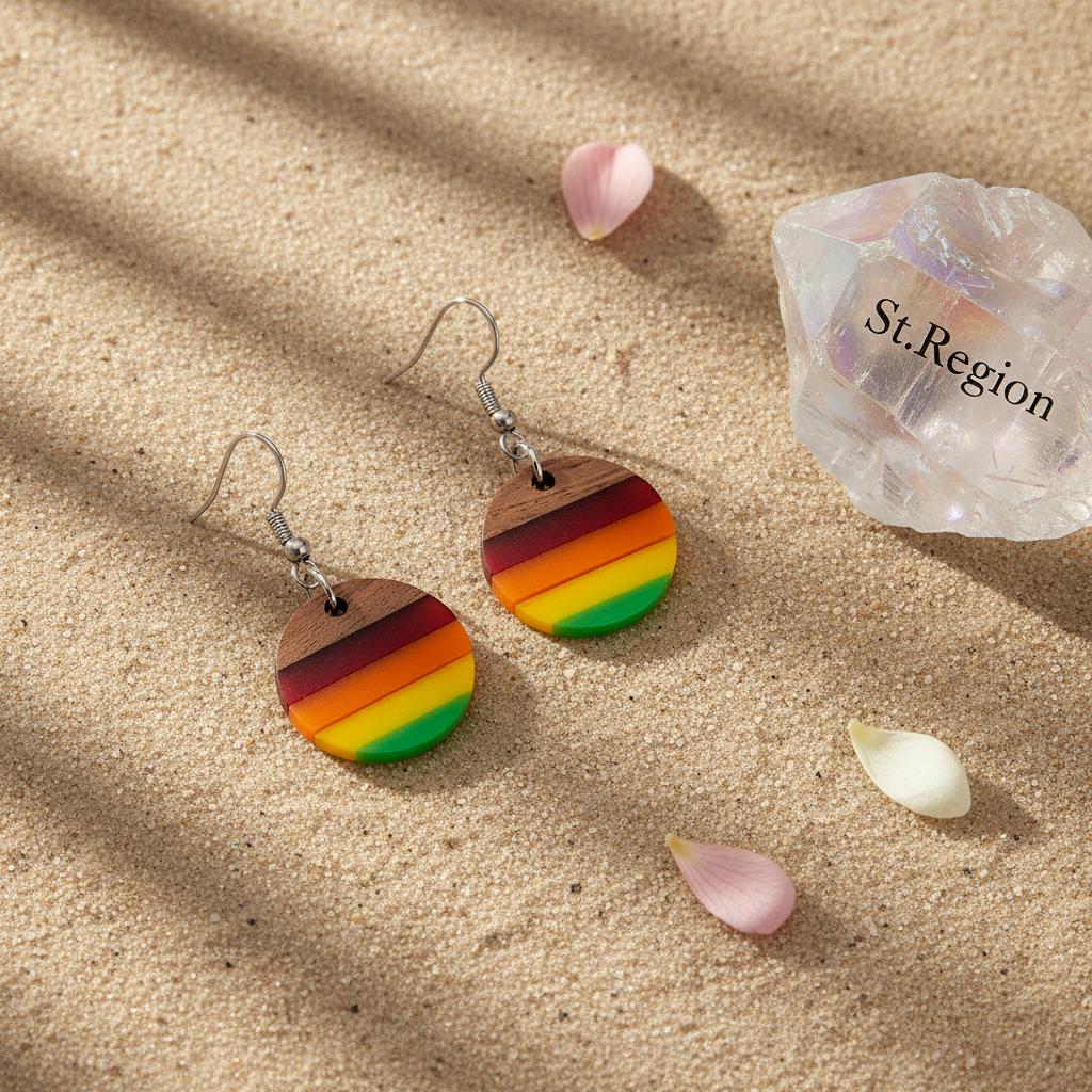 Multi-Colored Resin and Wood Silvertone Stripped Round Hook Earrings, gold drop earrings for women, detail close-up
