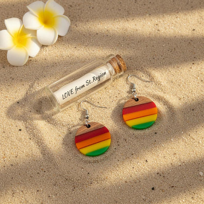 Multi-Colored Resin and Wood Silvertone Stripped Round Hook Earrings, gold drop earrings for women, lifestyle look