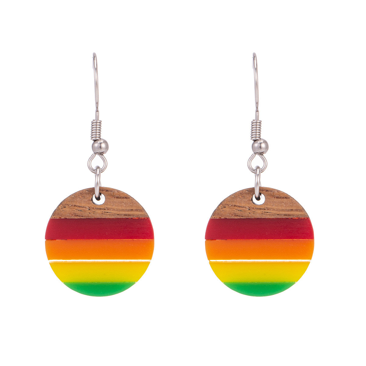 Multi-Colored Resin & Wood Silvertone Stripped Round Hook Earrings - Street Region