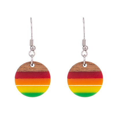 Multi-Colored Resin & Wood Silvertone Stripped Round Hook Earrings - Street Region
