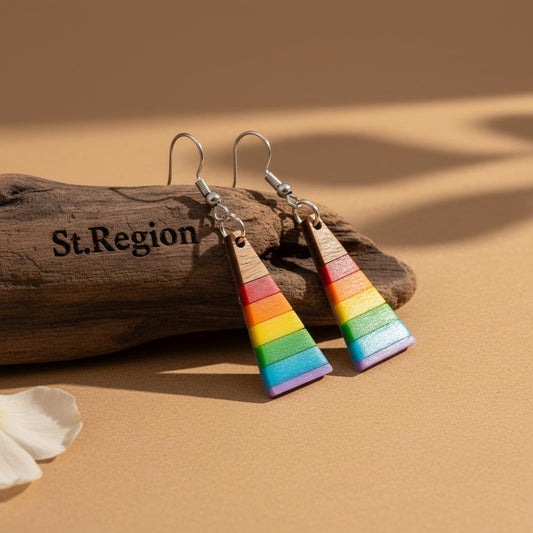 Multi-Colored Resin & Wood Silvertone Stripped Triangle Hook Earrings