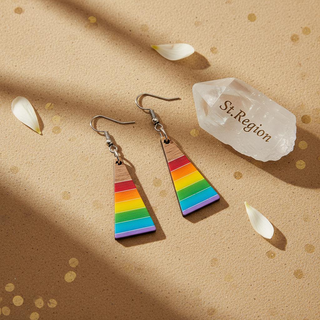 Multi-Colored Resin and Wood Silvertone Stripped Triangle Hook Earrings, gold drop earrings for women, detail close-up