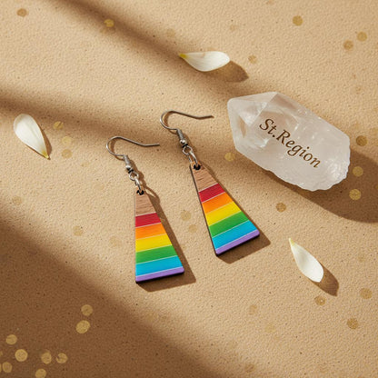 Multi-Colored Resin and Wood Silvertone Stripped Triangle Hook Earrings, gold drop earrings for women, detail close-up