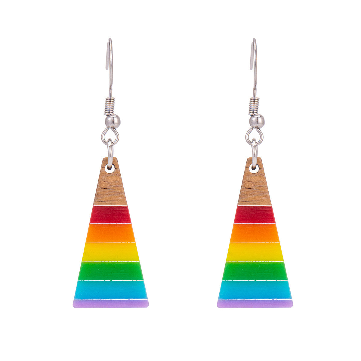 Multi-Colored Resin & Wood Silvertone Stripped Triangle Hook Earrings - Street Region