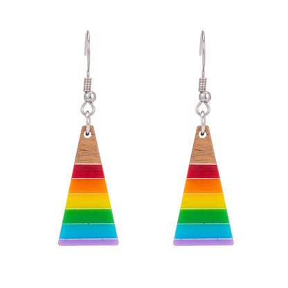 Multi-Colored Resin & Wood Silvertone Stripped Triangle Hook Earrings - Street Region