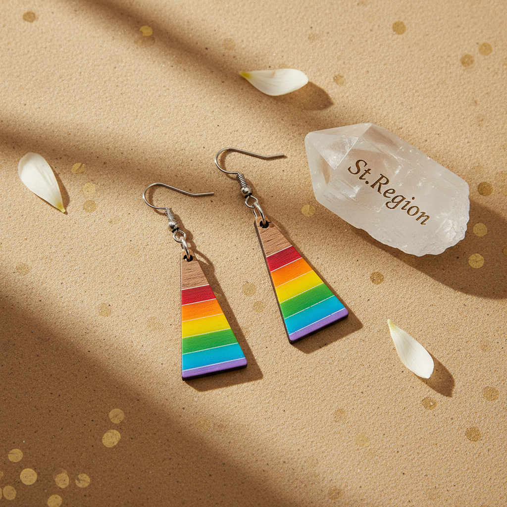 Multi-Colored Resin & Wood Silvertone Stripped Triangle Hook Earrings - Street Region
