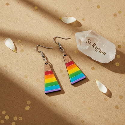 Multi-Colored Resin & Wood Silvertone Stripped Triangle Hook Earrings - Street Region