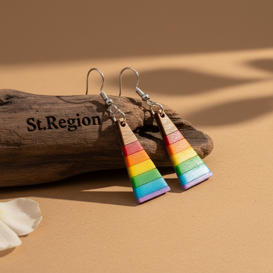 Multi-Colored Resin & Wood Silvertone Stripped Triangle Hook Earrings - Street Region