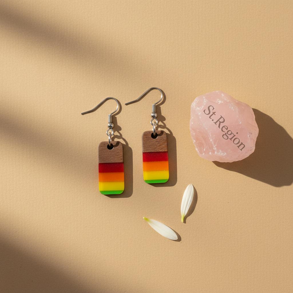Multi-Colored Resin and Wood Silvertone Stripped Rectangle Hook Earrings, gold drop earrings for women, detail close-up