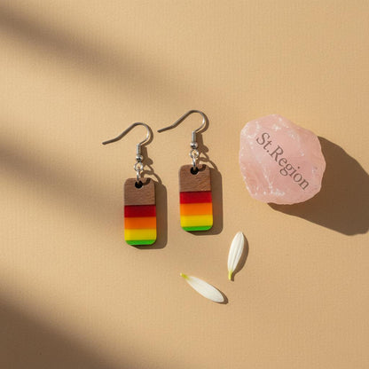 Multi-Colored Resin and Wood Silvertone Stripped Rectangle Hook Earrings, gold drop earrings for women, detail close-up